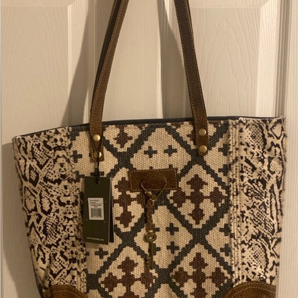 Myra Bag Brown and Cream Geometric Tote